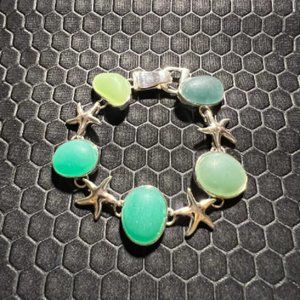 Star Fish Bracelet with Aqua Sea Glass 18K White Gold Plated